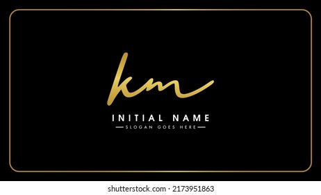 KM K M Initial letters vector logo design, Handwritten signature style, Creative Golden. Gold. Brush typography. Bold cursive letters K M, Isolated on black background.