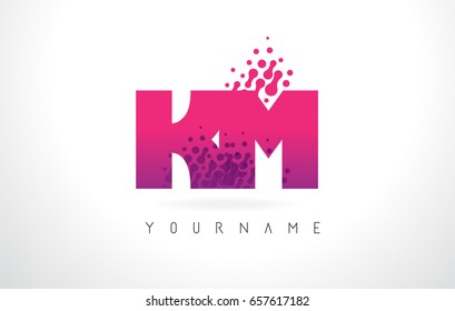 KM K M Letter Logo with Pink Letters and Purple Color Particles Dots Design.