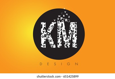 KM K M Logo Design Made of Small Letters with Black Circle and Yellow Background.
