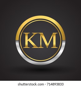 KM Letter logo in a circle, gold and silver colored. Vector design template elements for your business or company identity.