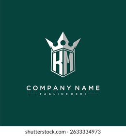 Logotipo inicial del monograma de la letra de KM para el diseño del escudo y de la corona