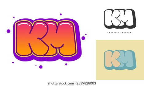 KM logo design for festival or party. Initial letter k and m in graffiti style. Creative modern lettering company name of font typography. Kids trendy logotype or identity. Vector illustration.