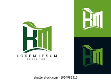 KM logo monogram with green leaf nature organic bio curved shape premium vector design template