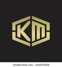 KM Logo monogram with hexagon shape and piece line rounded design tamplate on gold colors