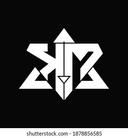 Monograma del logotipo de KM aislado con plantilla de diseño de forma triangular en fondo negro