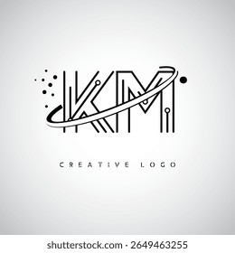 Logotipo de Monograma de Órbita KM - Marca de Letra Mínima Futurista com Linha de Arte Circular, Pontos Inspirados na Tecnologia e Conceito de Movimento Espacial para Identidade de Marca Moderna