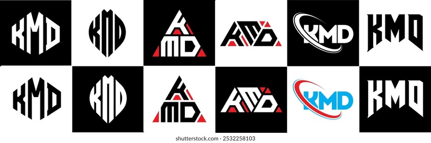 KMD letter logo design in six style. KMD polygon, circle, triangle, hexagon, flat and simple style with black and white color variation letter logo set in one artboard. KMD minimalist and classic logo