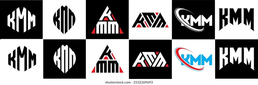 KMM letter logo design in six style. KMM polygon, circle, triangle, hexagon, flat and simple style with black and white color variation letter logo set in one artboard. KMM minimalist and classic logo