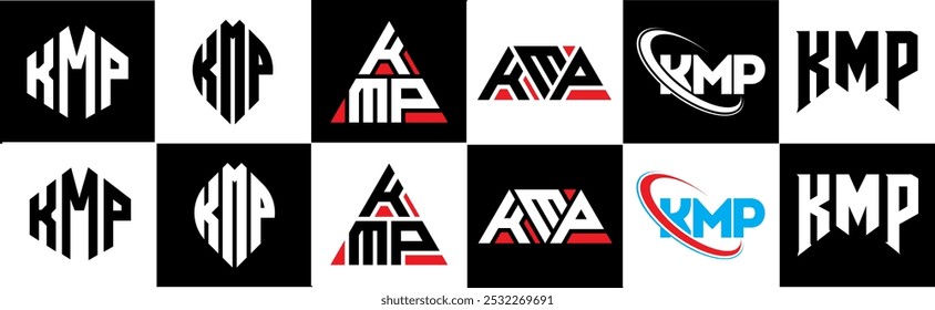 KMP letter logo design in six style. KMP polygon, circle, triangle, hexagon, flat and simple style with black and white color variation letter logo set in one artboard. KMP minimalist and classic logo
