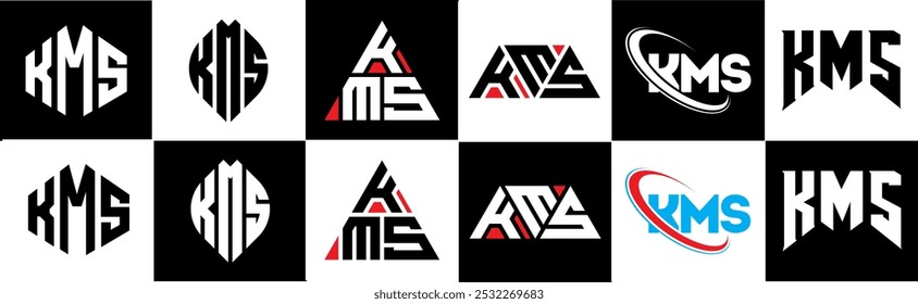 Design do logotipo da letra KMS em seis estilos. Polígono, círculo, triângulo, hexágono, estilo simples e plano do KMS com o logotipo de letra de variação de cor preta e branca definido em uma prancheta. Logotipo minimalista e clássico do KMS