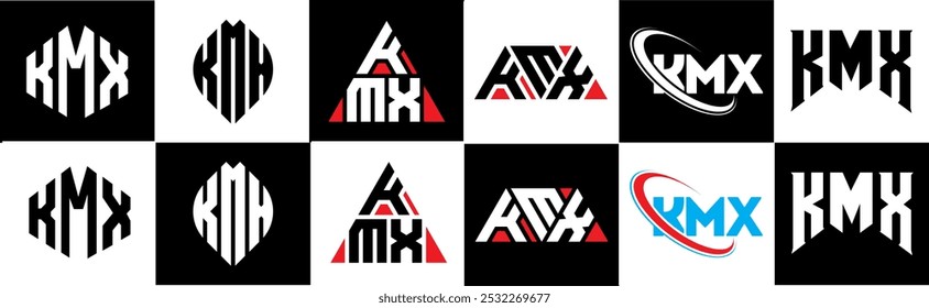 KMX letter logo design in six style. KMX polygon, circle, triangle, hexagon, flat and simple style with black and white color variation letter logo set in one artboard. KMX minimalist and classic logo