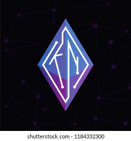 KN Initial letter block chain logo icon vector template. Looping mono line circuit letter on rhombus cube logo
