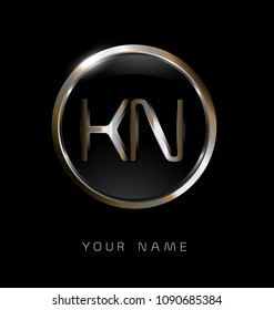 KN initial letters with circle elegant logo golden silver black background