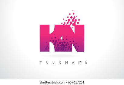 KN K N Letter Logo with Pink Letters and Purple Color Particles Dots Design.