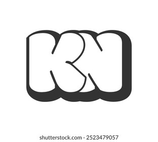 KN logo, bubble comic lettering, rounded in graffiti style black and white silhouette. Trendy preschool K and N letter text for festival party, personal initials, children funky print and web. Vector