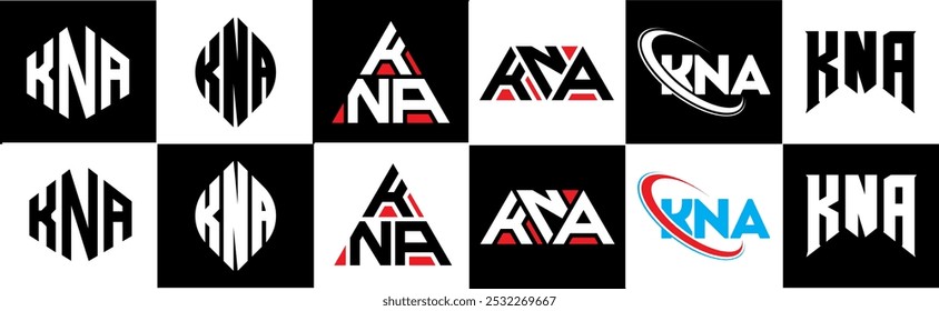 KNA letter logo design in six style. KNA polygon, circle, triangle, hexagon, flat and simple style with black and white color variation letter logo set in one artboard. KNA minimalist and classic logo