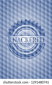 Knackered blue emblem with geometric background.
