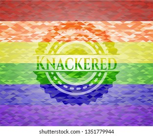 Knackered emblem on mosaic background with the colors of the LGBT flag