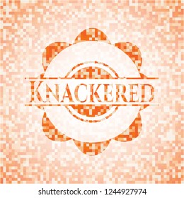 Knackered orange tile background illustration. Square geometric mosaic seamless pattern with emblem inside.