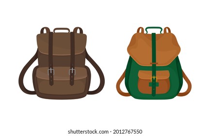 Knapsack or Rucksack as Sack with Straps for Carrying on Shoulder Vector Set