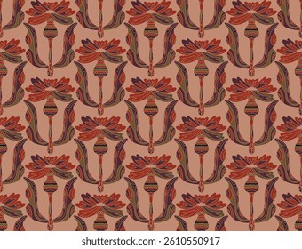 Knapweed. Seamless floral pattern with stylized decorative flowers and leaves in folk art style. Vintage ornamental print inspired by traditional motifs. Ideal for textiles, wallpaper and stationery.