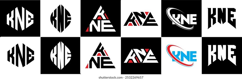 Diseño del logotipo de la letra de KNE en seis estilos. KNE polígono, círculo, triángulo, hexágono, estilo plano y simple con logo de letra de variación de color blanco y negro en una mesa de trabajo. Logotipo minimalista y clásico de KNE
