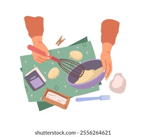 Kneading dough hands, flour and butter, baking pastry food flat cartoon vector illustration. Woman beat homemade dough with beater, top view. Cooking healthy food by recipe, pie preparing