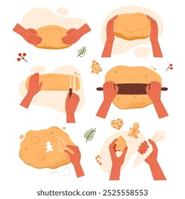 Kneading dough hands set. Woman hands prepares homemade cookies. Top view of Christmas bakery. Instruction for baking recipe. Isolated vector illustration in cartoon style