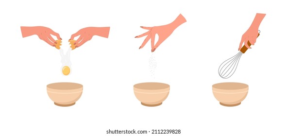 Kneading Dough Hands. Woman Mixing Ingredients In Bowl. Homemade Pasta Or Bread. Top View. Stay Home And Cook Healthy Food By Recipe. Vector Illustration In Flat Cartoon Style.