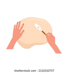 Kneading dough hands. Woman prepares homemade baking or pasta. Top view. Cooking school. Stay home and cook healthy food by recipe. Vector illustration in flat cartoon style.