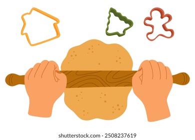 Kneading dough hands. Woman prepares homemade cookies. Top view. Cooking school. Flat vector illustration isolated on white background