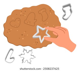 Kneading dough hands. Woman prepares homemade cookies. Top view. Cooking school. Flat vector illustration isolated on white background