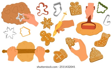 Kneading dough hands. Woman prepares homemade cookies. Xmas ginger bread, biscuits coated with sugar icing, sweet glaze Top view. Cooking school. Flat vector illustration isolated on white background