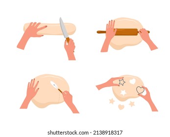 Kneading dough hands. Woman preparing homemade bakery or cookies. Top view. Stay home and cook healthy food by recipe. Vector illustration in flat cartoon style.
