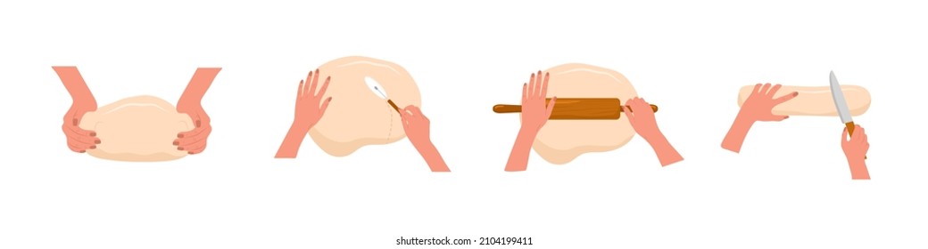 Kneading dough hands. Woman rolls homemade dough with rolling pin. Top view. Cooking school. Stay home and cook healthy food by recipe. Vector illustration in flat cartoon style.