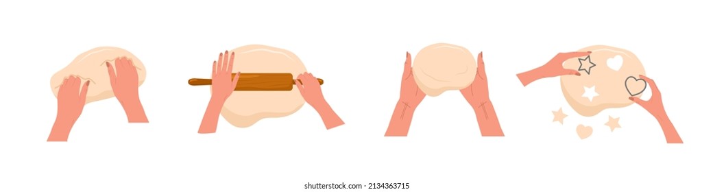 Kneading dough hands. Woman rolls homemade dough with rolling pin. Top view. Cooking school. Stay home and cook healthy food by recipe. Vector illustration in flat cartoon style.