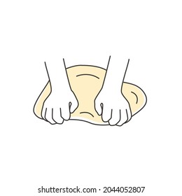 Kneading dough outline icon. Hands and batter. Homemade bakery. Making sourdough bread preparation step. Instruction for baking recipe. Flat vector cartoon illustration.