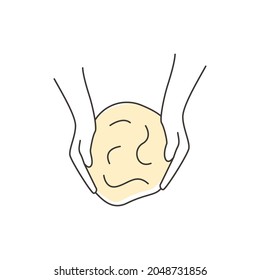 Kneading dough outline icon. Hands and batter. Homemade bakery. Making sourdough bread preparation step. Instruction for baking recipe. Flat vector cartoon illustration.