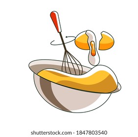 Kneading dough with whisk in bowl on white background