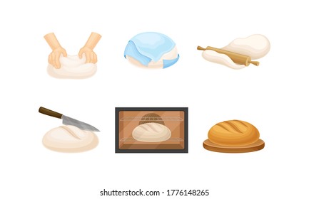 Kneading and Rolling Out Dough for Bread Cooking Vector Set