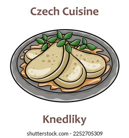 Knedliky. It is cooked dish, served on the side of many traditional dishes. Most common types are bread and potato dumplings. Czech food. Vector image isolated.