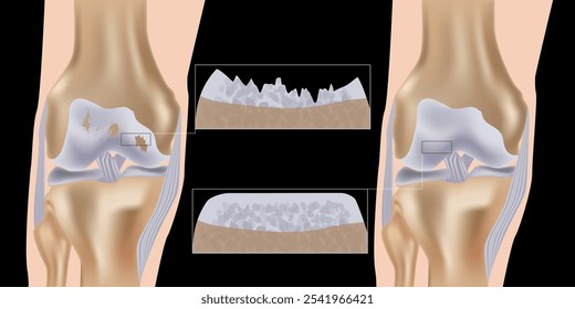 Knee arthritis. Medical vector illustration with damaged knee structure and healthy knee comparison. Osteoarthritis