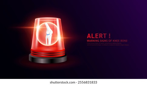 Knee bone organ human in red siren light. Danger signs of osteoarthritis arthritis disease. Warning flasher alert emergency. Medical distress signal. Vector EPS 10.