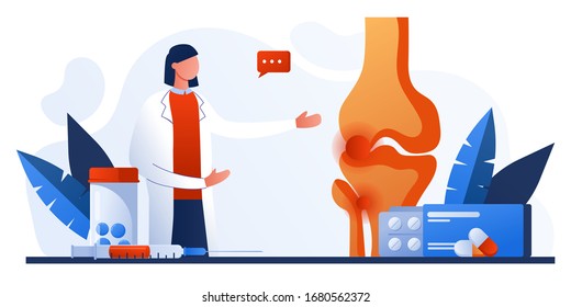 Knee bone pain. Human anatomy healthcare medical concept. World arthritis day in October, Osteoporosis for landing page, banner. Doctor research human knee joints. Traumatology and orthopedics. 