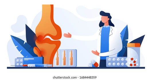 Knee bone pain. Human anatomy healthcare medical concept. World arthritis day in October, Osteoporosis for landing page, banner. Doctor research human knee joints. Traumatology and orthopedics. 