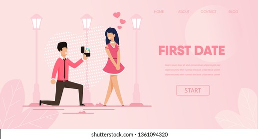 Knee Boyfriend with Engagement Ring Make Proposal Marry to Girlfriend Outdoors Vector Illustration. Man Propose Gift Ring Woman. First Date Concept Romantic Dating Love Relationship