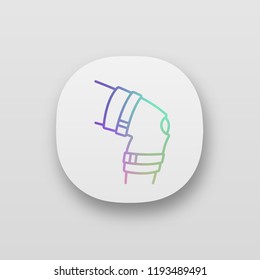 Knee brace app icon. Adjustable leg orthosis. UI/UX user interface. Orthopedic knee joint bandage. Arthritis, muscle sprain treatment, injury recovery, joint pain relief. Vector isolated illustration