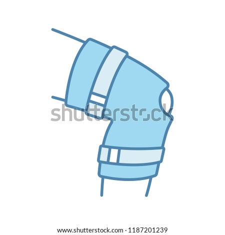 Knee brace color icon. Adjustable leg orthosis. Orthopedic knee joint bandage. Arthritis, muscle sprain treatment, injury recovery, joint pain relief. Isolated vector illustration