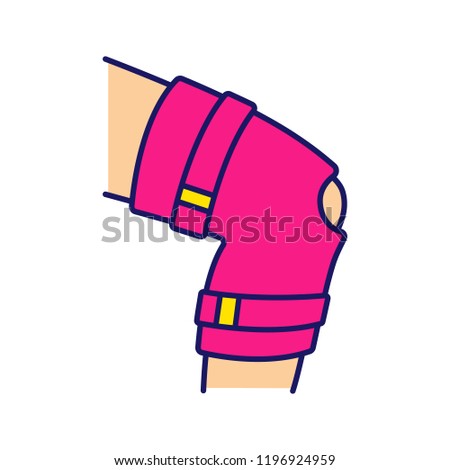 Knee brace color icon. Adjustable leg orthosis. Orthopedic knee joint bandage. Arthritis, muscle sprain treatment, injury recovery, joint pain relief. Isolated vector illustration