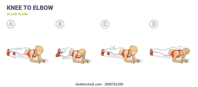 Knee to Elbow in Low Plank Exercise Female Silhouette Illustration. Colorful Concept of Girl Working at Home on Her Abs a Woman in Sportswear Top, Sneakers, Leggings Doing Elbow Plank Home Workout.